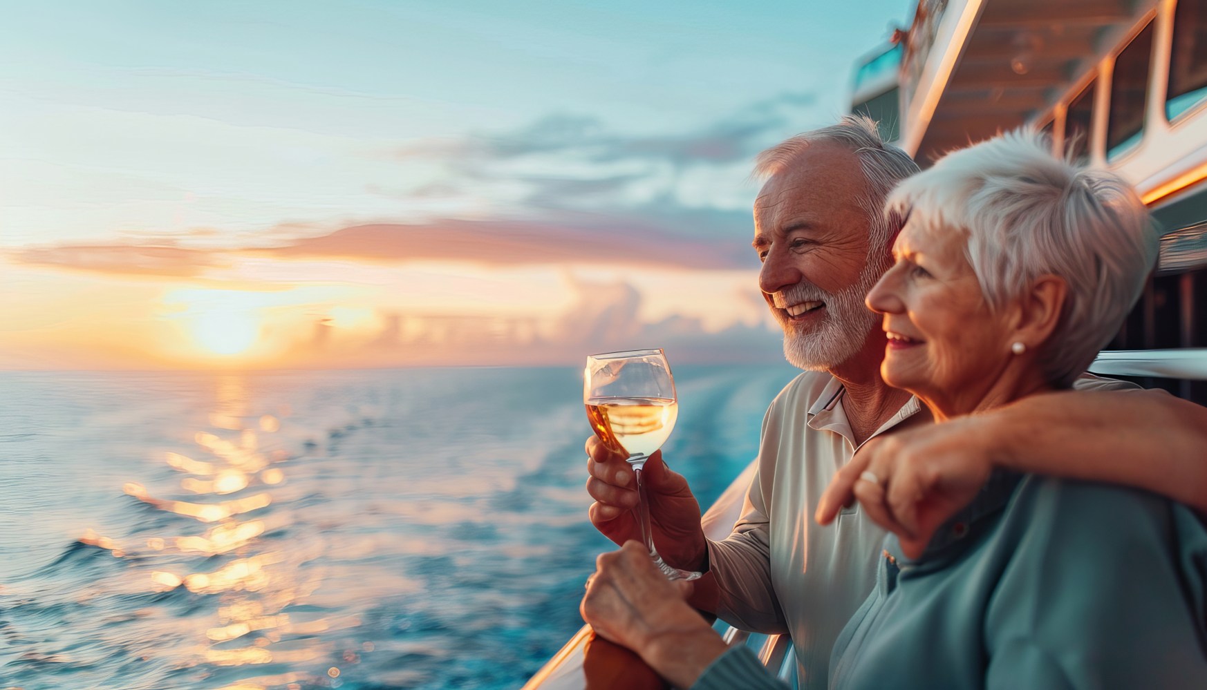 Happy senior romantic couple celebrate onboard of luxury cruise ship with glass of wine at sunset